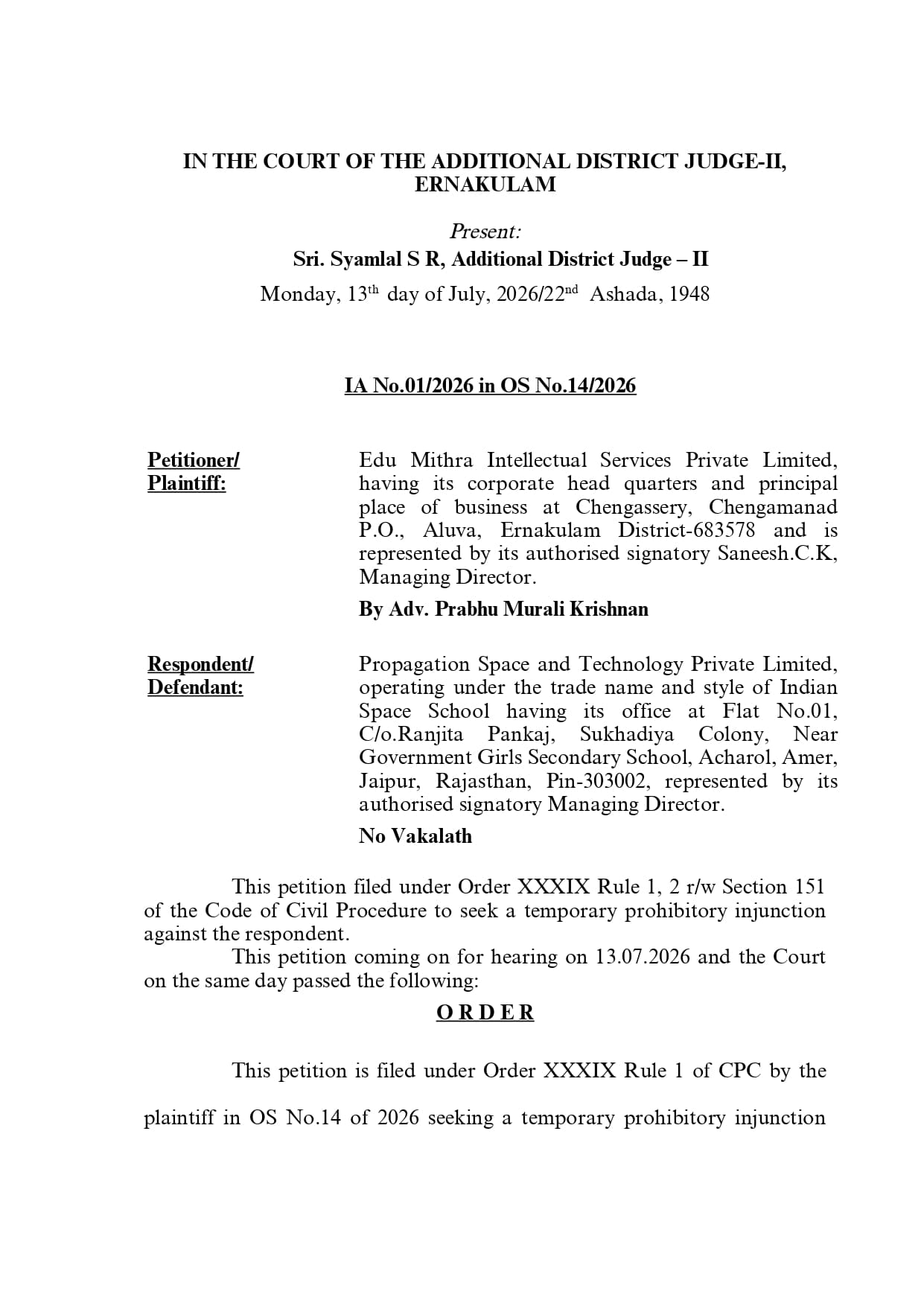 Court Order Page 1 - Additional District Judge-II Ernakulam Order against Indian Space School
