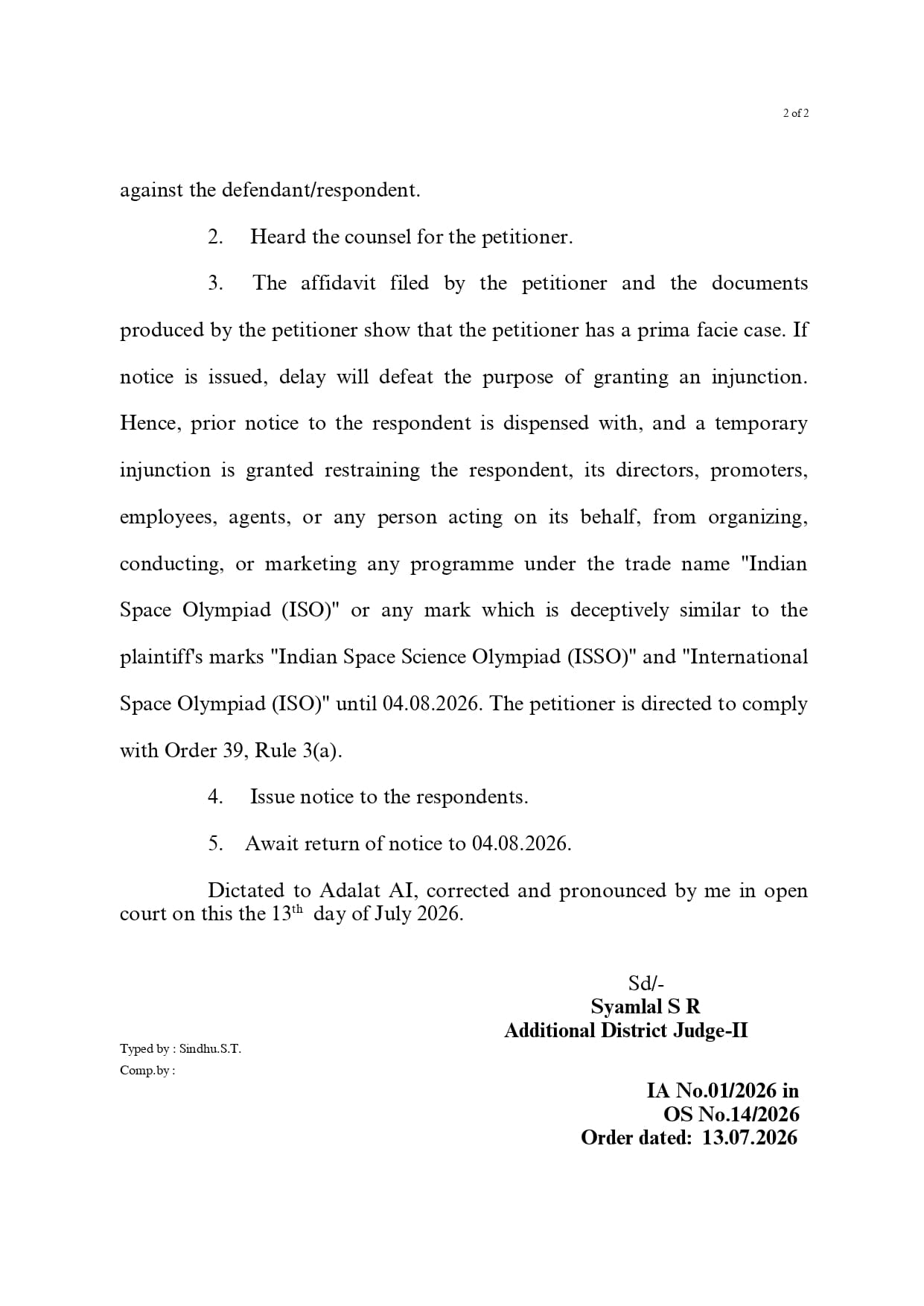 Court Order Page 2 - Operative Injunction Order against Indian Space Olympiad 2026